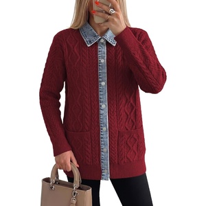image:imageSidefeel Womens Cable Knit Denim Collar Cardigan Sweaters  Chunky KnitButton Front SweaterPatchworkFunctional Patch PocketsTunic LengthLong SleeveFall Winter OutfitBurgundy