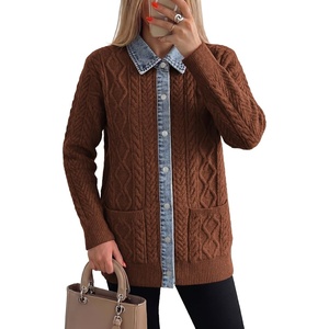 image:imageSidefeel Womens Cable Knit Denim Collar Cardigan Sweaters  Chunky KnitButton Front SweaterPatchworkFunctional Patch PocketsTunic LengthLong SleeveFall Winter OutfitDark Brown