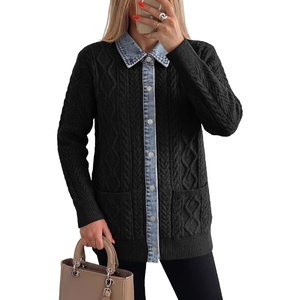 image:imageSidefeel Womens Cable Knit Denim Collar Cardigan Sweaters  Chunky KnitButton Front SweaterPatchworkFunctional Patch PocketsTunic LengthLong SleeveFall Winter OutfitBlack