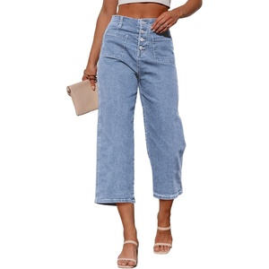 image:imageSidefeel Womens Capri Pants Trendy Wide Leg Jeans  High Waisted Stretchy Loose Cropped Summer Trendy Clothes Casual Work Outfits Teacher OutfitsIceland Blue