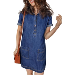 image:imageSidefeel Womens Denim Dress Casual A Line Trendy Mini Jean Dress  Lapel Collar Partial Button Placket Short Cuffed Sleeves Patch Pockets Above Knee Trendy Lightweight Summer Shirt DressBlue
