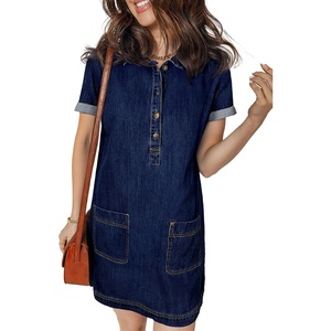 image:imageSidefeel Womens Denim Dress Casual A Line Trendy Mini Jean Dress  Lapel Collar Partial Button Placket Short Cuffed Sleeves Patch Pockets Above Knee Trendy Lightweight Summer Shirt DressDark Blue