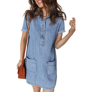 image:imageSidefeel Womens Denim Dress Casual A Line Trendy Mini Jean Dress  Lapel Collar Partial Button Placket Short Cuffed Sleeves Patch Pockets Above Knee Trendy Lightweight Summer Shirt DressIceland Blue