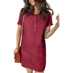 image:imageSidefeel Womens Denim Dress Casual A Line Trendy Mini Jean Dress  Lapel Collar Partial Button Placket Short Cuffed Sleeves Patch Pockets Above Knee Trendy Lightweight Summer Shirt DressBurgundy
