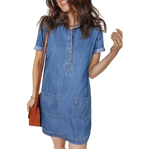 image:imageSidefeel Womens Denim Dress Casual A Line Trendy Mini Jean Dress  Lapel Collar Partial Button Placket Short Cuffed Sleeves Patch Pockets Above Knee Trendy Lightweight Summer Shirt DressLight Blue