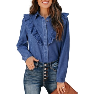 image:imageSidefeel Womens Denim Shirt Fall Jean Blouses Tops  Ruffled Edge V Neck Long Sleeve Business Casual Outfits Ladys Fashion Clothes for Spring Summer Fall Teacher OutfitsLight Blue