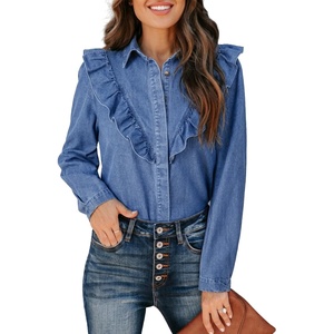 image:imageSidefeel Womens Denim Shirt Fall Jean Blouses Tops  Ruffled Edge V Neck Long Sleeve Business Casual Outfits Ladys Fashion Clothes for Spring Summer Fall Teacher OutfitsIceland Blue