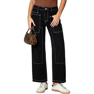 image:imageSidefeel Womens High Waist Stretchy Wide Leg Ankle Jeans  Comfy Fabric Roomy Patch Pockets Up to 285 Inseam Contrast Stitching Detail Casual Cargo Denim Pants for Daily WearBlack