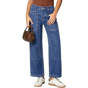 image:imageSidefeel Womens High Waist Stretchy Wide Leg Ankle Jeans  Comfy Fabric Roomy Patch Pockets Up to 285 Inseam Contrast Stitching Detail Casual Cargo Denim Pants for Daily WearBlue