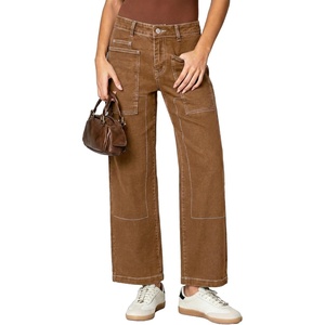 image:imageSidefeel Womens High Waist Stretchy Wide Leg Ankle Jeans  Comfy Fabric Roomy Patch Pockets Up to 285 Inseam Contrast Stitching Detail Casual Cargo Denim Pants for Daily WearBrown
