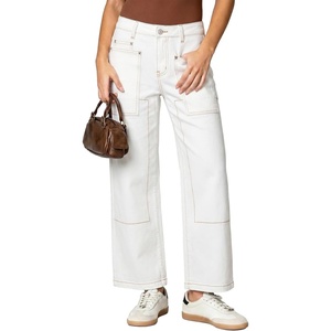 image:imageSidefeel Womens High Waist Stretchy Wide Leg Ankle Jeans  Comfy Fabric Roomy Patch Pockets Up to 285 Inseam Contrast Stitching Detail Casual Cargo Denim Pants for Daily WearCream White