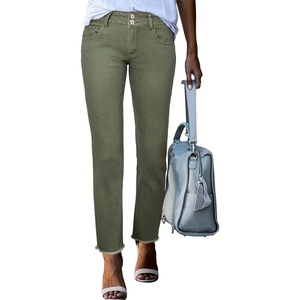 image:imageSidefeel Womens High Waisted Raw Hem Straight Leg Jeans  Double Button WaistbandTummy ControlStretch Denim FabricAnkle Length5 PocketCasual StyleGreen