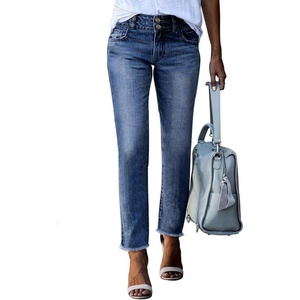 image:imageSidefeel Womens High Waisted Raw Hem Straight Leg Jeans  Double Button WaistbandTummy ControlStretch Denim FabricAnkle Length5 PocketCasual StyleLight Blue