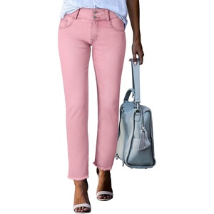 image:imageSidefeel Womens High Waisted Raw Hem Straight Leg Jeans  Double Button WaistbandTummy ControlStretch Denim FabricAnkle Length5 PocketCasual StylePink