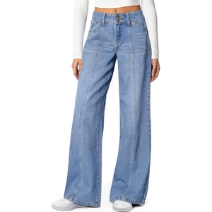 image:imageSidefeel Womens High Waisted Wide Leg Stretchy Jeans  Soft Comfy Denim Pants Seamed Front Full Length Double Buttons Relxed Fit Trendy Jeans with Pockets Casual Daily WearIceland Blue