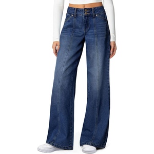 image:imageSidefeel Womens High Waisted Wide Leg Stretchy Jeans  Soft Comfy Denim Pants Seamed Front Full Length Double Buttons Relxed Fit Trendy Jeans with Pockets Casual Daily WearDeep Blue