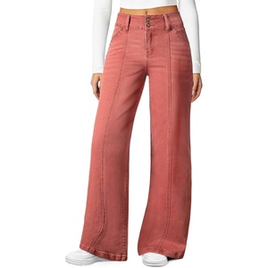 image:imageSidefeel Womens High Waisted Wide Leg Stretchy Jeans  Soft Comfy Denim Pants Seamed Front Full Length Double Buttons Relxed Fit Trendy Jeans with Pockets Casual Daily WearMineral Red