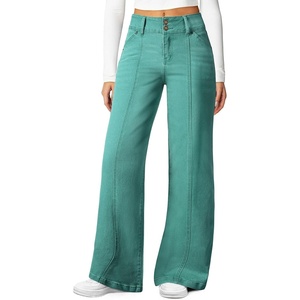 image:imageSidefeel Womens High Waisted Wide Leg Stretchy Jeans  Soft Comfy Denim Pants Seamed Front Full Length Double Buttons Relxed Fit Trendy Jeans with Pockets Casual Daily WearLake Green