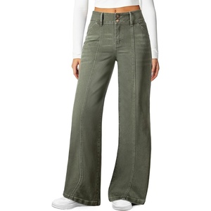 image:imageSidefeel Womens High Waisted Wide Leg Stretchy Jeans  Soft Comfy Denim Pants Seamed Front Full Length Double Buttons Relxed Fit Trendy Jeans with Pockets Casual Daily WearGreen