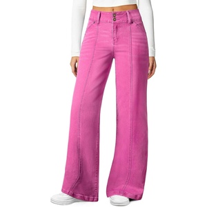 image:imageSidefeel Womens High Waisted Wide Leg Stretchy Jeans  Soft Comfy Denim Pants Seamed Front Full Length Double Buttons Relxed Fit Trendy Jeans with Pockets Casual Daily WearHot Pink