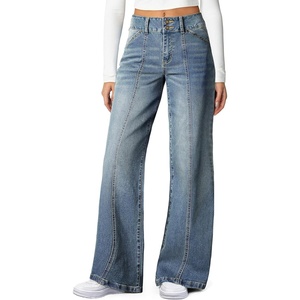 image:imageSidefeel Womens High Waisted Wide Leg Stretchy Jeans  Soft Comfy Denim Pants Seamed Front Full Length Double Buttons Relxed Fit Trendy Jeans with Pockets Casual Daily WearVintage Blue