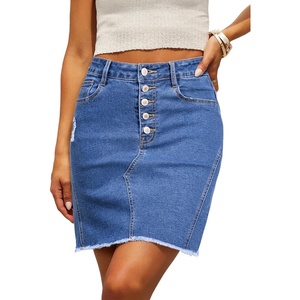 image:imageSidefeel Womens Jean Skirt StretchyButton Fly Denim Skirt  Frayed HemStretch DenimDistressed RippedHigh WaistedPartyDating LooksWestern StyleSlim FitDark Blue