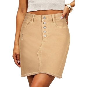 image:imageSidefeel Womens Jean Skirt StretchyButton Fly Denim Skirt  Frayed HemStretch DenimDistressed RippedHigh WaistedPartyDating LooksWestern StyleSlim FitKhaki