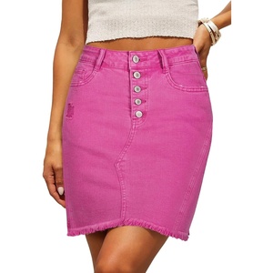 image:imageSidefeel Womens Jean Skirt StretchyButton Fly Denim Skirt  Frayed HemStretch DenimDistressed RippedHigh WaistedPartyDating LooksWestern StyleSlim FitRose Red