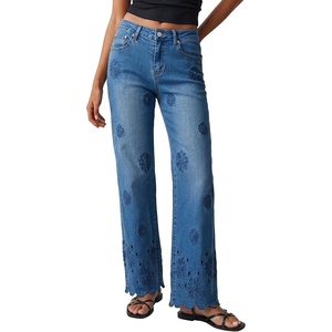 image:imageSidefeel Womens Straight Leg Floral Embroidery Jeans  High Waisted Jeans Ankle Length Scalloped Eyelet Hem Loose Fit Stretchy Vintage Retro Vibe All Seasons WearDark Blue