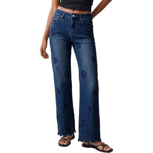 image:imageSidefeel Womens Straight Leg Floral Embroidery Jeans  High Waisted Jeans Ankle Length Scalloped Eyelet Hem Loose Fit Stretchy Vintage Retro Vibe All Seasons WearBluing