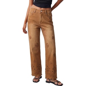 image:imageSidefeel Womens Straight Leg Floral Embroidery Jeans  High Waisted Jeans Ankle Length Scalloped Eyelet Hem Loose Fit Stretchy Vintage Retro Vibe All Seasons WearBrown