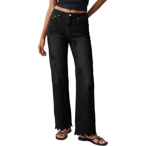 image:imageSidefeel Womens Straight Leg Floral Embroidery Jeans  High Waisted Jeans Ankle Length Scalloped Eyelet Hem Loose Fit Stretchy Vintage Retro Vibe All Seasons WearBlack