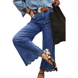image:imageSidefeel Womens Wide Leg Embroidered Jeans Stretchy Denim Pants  High Waisted Jeans With PocketsAnkle LengthStretch FabricLoose FitCasual Daily WearFallDark Blue