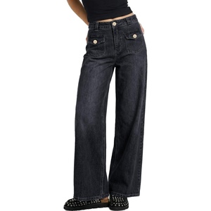 image:imageSidefeel Womens Wide Leg High Waisted Jeans  Front Flap Pockets Breathable Stretchy Denim PantsFull LengthRelaxed Loose FitCasual Daily WearBlack