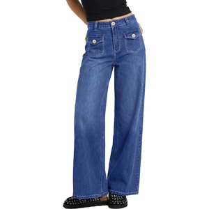 image:imageSidefeel Womens Wide Leg High Waisted Jeans  Front Flap Pockets Breathable Stretchy Denim PantsFull LengthRelaxed Loose FitCasual Daily WearBluing