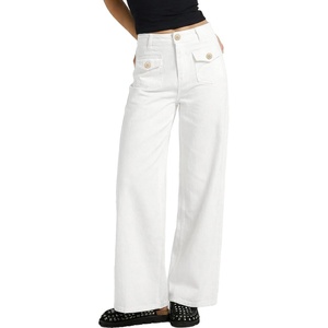 image:imageSidefeel Womens Wide Leg High Waisted Jeans  Front Flap Pockets Breathable Stretchy Denim PantsFull LengthRelaxed Loose FitCasual Daily WearWhite