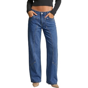 image:imageSidefeel Womens Wide Leg Jeans High Waisted Stretchy Straight Leg Tummy Control Trendy Baggy Seamed Panel Denim PantsBlue