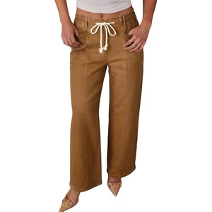 image:imageSidefeel Womens Wide Leg Jeans High Waisted Stretchy Waisted Pullon Drawstring Jeans Trendy Seamed Front Denim PantsBrown