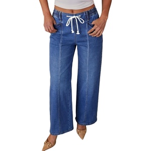 image:imageSidefeel Womens Wide Leg Jeans High Waisted Stretchy Waisted Pullon Drawstring Jeans Trendy Seamed Front Denim PantsDark Blue