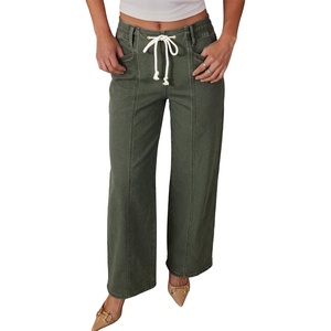 image:imageSidefeel Womens Wide Leg Jeans High Waisted Stretchy Waisted Pullon Drawstring Jeans Trendy Seamed Front Denim PantsGreen