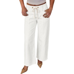 image:imageSidefeel Womens Wide Leg Jeans High Waisted Stretchy Waisted Pullon Drawstring Jeans Trendy Seamed Front Denim PantsWhite