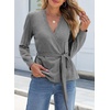 image:imageSidefeel Womens Long Sleeve Wave Wrap V Neck Tie Front Cardigan SweatersGray