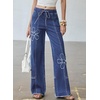 image:imageSidefeel Womens Y2K Floral Wide Leg Elastic High Waisted Baggy JeansBlue