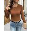 image:imageWomens Ribbed Long Sleeve Shirt Crewneck Fitted Raglan TopsBrown