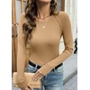 image:imageWomens Ribbed Long Sleeve Shirt Crewneck Fitted Raglan TopsKhaki