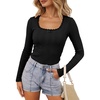 image:imageSidefeel Womens Shirts Long Sleeve Lace Square Neck Bow Knot TopsBlack