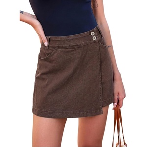 image:imageSidefeel Skorts for Woman Casual High Waisted Stretchy Jean Shorts Trendy Asymmetrical Summer Denim Mini Skirts with PocketsCoffee