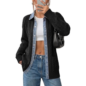 image:imageSidefeel Womens Cable Knit Denim Collar Cardigan SweatersBlack