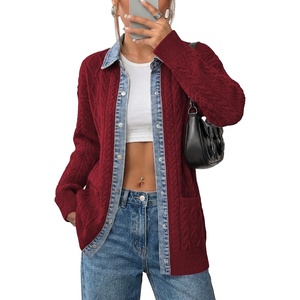 image:imageSidefeel Womens Cable Knit Denim Collar Cardigan SweatersBurgundy