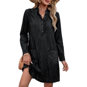 image:imageSidefeel Womens Denim Dresses 2026 Loose Long Sleeve Ruffled Edge Neck Jean Sundresses with PocketsBlack